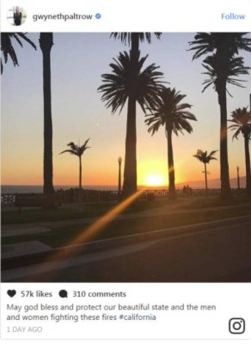 La actriz Gwyneth Paltrow compartió esta imagen en su cuenta de Instagram. 'Qué Dios bendiga y proteja nuestro hermoso estado y los hombres y mujeres luchando contra estos incendios #California', escribió Paltrow.