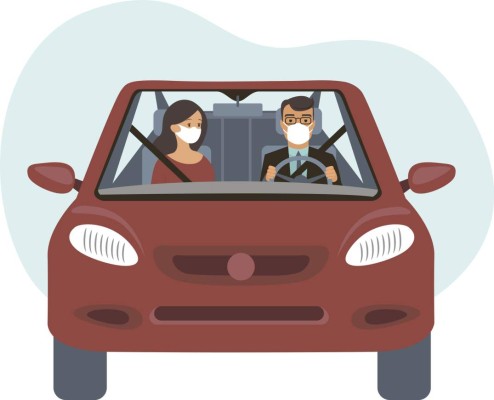 People inside the car wearing protective masks. Travel restrictions on coronavirus COVID-19 pandemic concept flat vector illustration