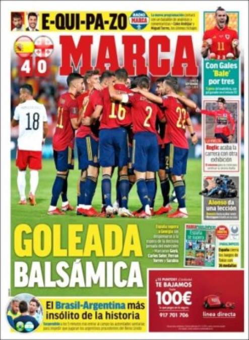 Diario Marca (España):Por las eliminatorias UEFA, la selección de España goleó a Georgina y tomó un respiro.