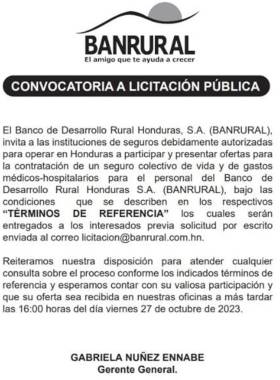 Banrural Honduras convoca a licitación pública para seguro de vida y gastos médicos