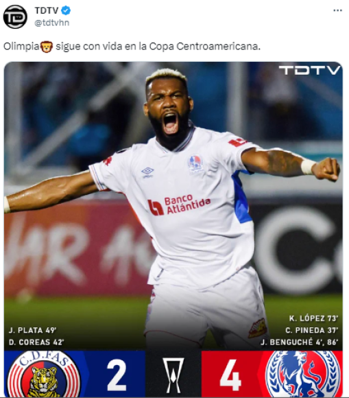 TDTV: “Olimpia sigue con vida en la Copa Centroamericana”.