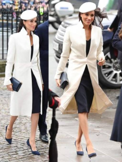 12 de marzo, 2018<br/><br/>Para su primer acto oficial junto a la Reina Isabel II, en la abadía de Westminster, Meghan lució un favorecedor abrigo blanco y un vestido 3/4 de Amanda Wakeley, stilettos de Manolo Blahnik y un bolso de piel de Mulberry.