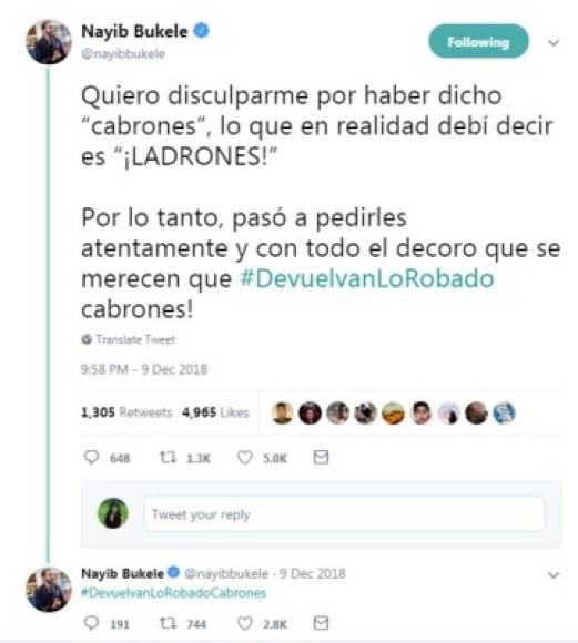 Los adversarios locales tampoco escapan a los controversiales tuits de Bukele. Con frases cortas que reclamaban a la derecha 'devolver lo robado', o que 'el dinero alcanza cuando nadie roba', el ahora presidente electo logró conquistar el voto de los más jóvenes y de los salvadoreños hartos de los partidos tradicionales.