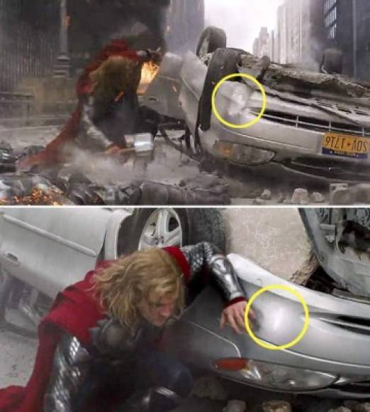 Los Vengadores: En una de las escenas Thor despedaza todo lo que lo rodea incluyendo un automóvil cuya defensa aparece en perfecto estado en la siguiente escena.
