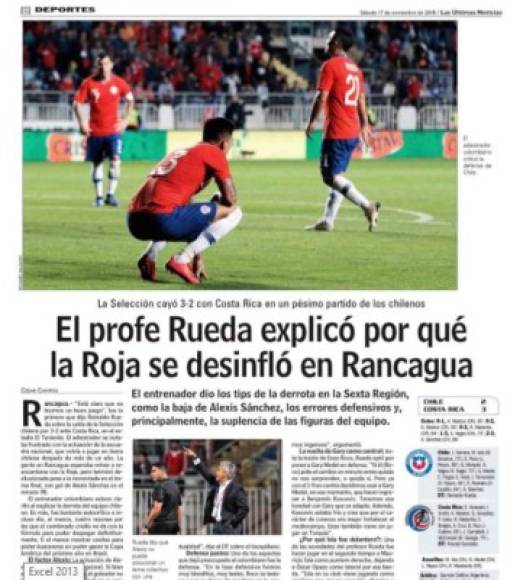 Las últimas Noticias: 'La Selección cayó 3-2 con Costa Rica en un pésimo partido de los chilenos'.