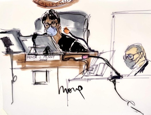 This courtroom sketch shows Judge Brenda J. Penny during the Britney Spears conservatorship case hearing in the Los Angeles County Courthouse on June 23, 2021. - Pop singer Britney Spears urged a US judge on June 23, to end a controversial guardianship that has given her father control over her affairs since 2008.'I just want my life back. It's been 13 years and it's enough,' she told a court hearing in Los Angeles during an emotional 20-minute address via videolink. (Photo by Mona EDWARDS / AFP)