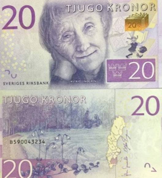 El billete de 20 coronas de Suecia rinde homenaje a la escritora Astrid Lindgren.