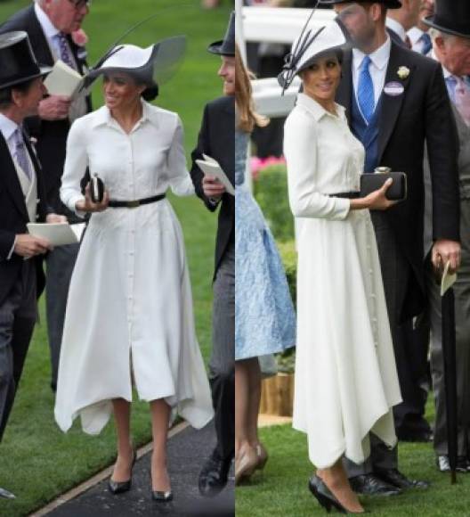 Para el Royal Ascot el mes pasado, uno de los eventos más importantes para la aristocracia y sociedad británica, Meghan volvió a decantar por la casa de moda Givenchy, quien le hizo un vestido blanco con botones al frente y detalles bordados en la cintura por un estimado de $5,520.<br/><br/>Más accesorios de Givenchy y un sombrero de Philip Treacy.<br/><br/>Para un gran total de: $11,156.84<br/>