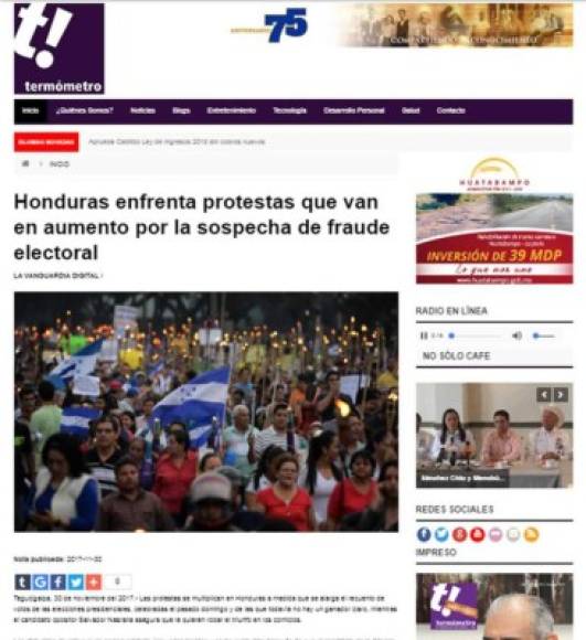 Termómetro de México: 'Honduras enfrenta protestas que van en aumento por la sospecha de fraude electoral'. 'Las protestas se multiplican en Honduras a medida que se alarga el recuento de votos de las elecciones presidenciales'.