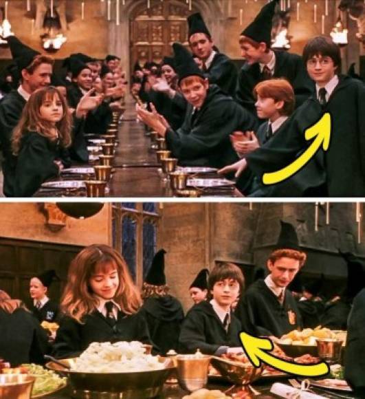 Cuando Harry, tras la asignación de la casa, se acerca a la mesa de Gryffindor, toma asiento junto a Ron. En la siguiente escena, sin embargo, vemos que él está sentado enfrente, entre Hermione y Percy. ¡Eso, sin duda, es pura magia!