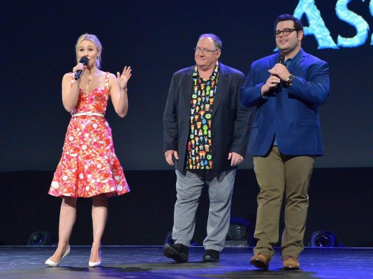 ANAHEIM, CA - JULY 14: (L-R) Actor Kristen Bell of OLAF'S FROZEN ADVENTURE, Chief Creative Officer of Pixar and Walt Disney Animation Studios John Lasseter, and actor Josh Gad of OLAF'S FROZEN ADVENTURE took part today in the Walt Disney Studios animation presentation at Disney's D23 EXPO 2017 in Anaheim, Calif. OLAF'S FROZEN ADVENTURE will be released in U.S. theaters on November 22, 2017. Jesse Grant/Getty Images for Disney/AFP