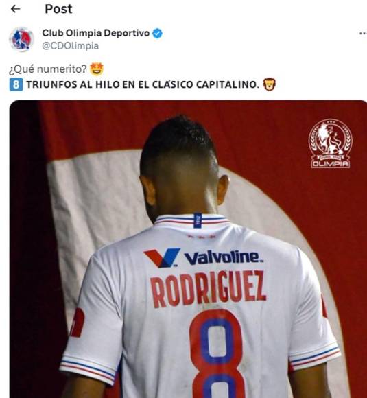Olimpia compartió una imagen de Edwin Rodríguez en donde mostraba el dorsal 8, dicha cantidad que tiene el club albo de ganarle de forma consecutiva al Motagua.