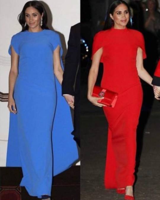 Meghan lució un diseño de Safiyaa muy parecido a uno azul que usó en una visita a Fiji durante su embarazo. La duquesa completó el look con zapatos de Aquazzura, bolso de mano de Manolo Blahnik, y pendientes de Simone Rocha.<br/>