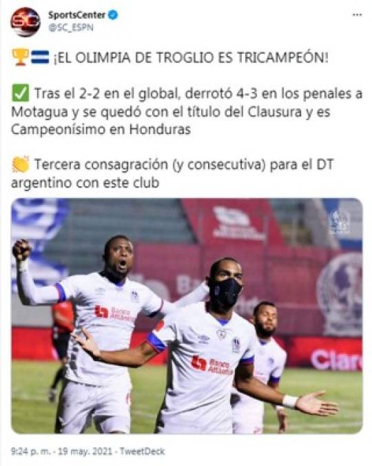 SportsCenter de ESPN - “¡El Olimpia de Troglio es tricampeón!”. “Tercera consagración (y consecutiva) para el DT argentino con este club”.