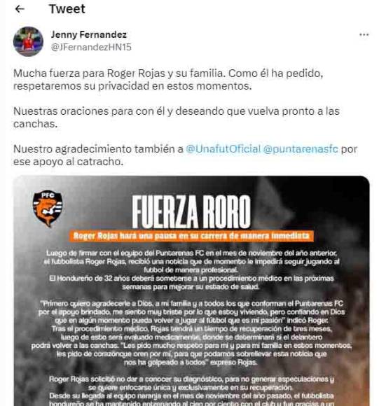 La periodista hondureña Jenny Fernández pidió oraciones para Roger Rojas.