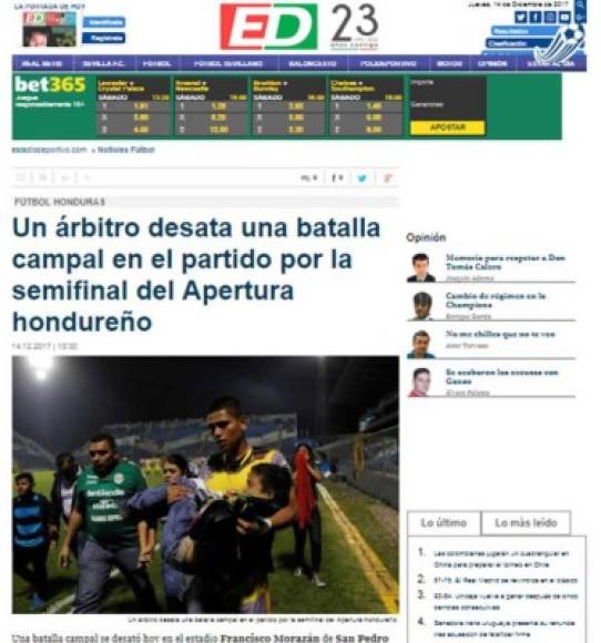 Estadio Deportivo de España: 'Un árbitro desata una batalla campal en el partido por la semifinal del Apertura hondureño'.