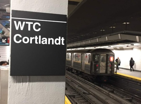 An underground train of the World Trade Center - Cortlandt Street subway station arrives in New York, September 9, 2018, where just days before the anniversary of the September 11 attacks, trains are once again running through subway station buried when the Twin Towers fell 17 years ago.The Cortlandt stop reopened on Saturday on the Number One line in what The New York Times described as 'the last major piece in the city's quest to rebuild what was lost.' The station was under the World Trade Center, whose twin towers collapsed in flames after being struck by airliners commandeered by Al-Qaeda militants. / AFP PHOTO / Thomas URBAIN