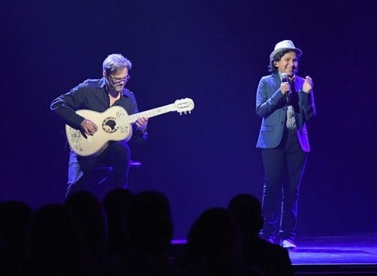 ANAHEIM, CA - JULY 14: Musician Federico Ramos (L) and actor Anthony Gonzalez of COCO perform the song 'Remember Me' from COCO during the Walt Disney Studios animation presentation at Disney's D23 EXPO 2017 in Anaheim, Calif. COCO will be released in U.S. theaters on November 22, 2017. Charley Gallay/Getty Images for Disney/AFP