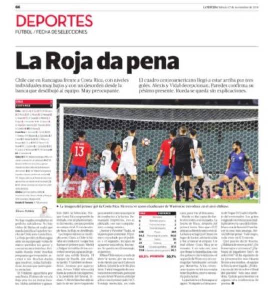 La Tercera: 'La Roja da pena'. 'Chile cae en Rancagua frente a Costa Rica, con niveles individuales muy bajos y con un desorden desde la banca que desdibujó el equipo. Muy preocupante'.
