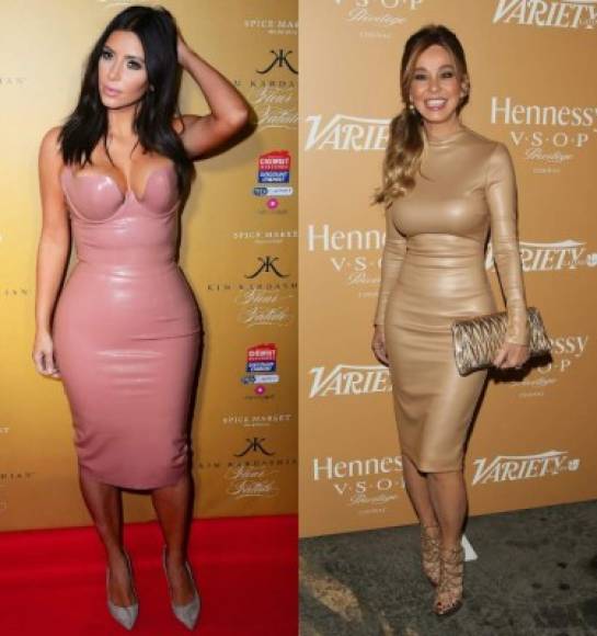 Aunque no lo crean. Kim Kardashian ya había lucido un traje de látex pegado al cuerpo, pero en color rosado. La diferencia entre el vestido de Mryka y Kim es que es de cuello alto, manga larga y el color es caramelo.