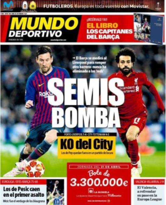 Mundo Deportivo - 'Semis bomba', tituló el diario catalán sobre el cruce Barcelona-Liverpool. También destacó el 'KO del City'.