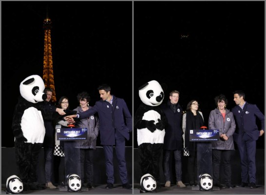 A combination of pictures shows the President of the World Wide Fund for Nature (WWF) France Isabelle Autissier (2ndR), French canoe champion and co-president of the Paris candicacy for the 2024 Olympics Tony Estanguet (R), and WWF's Pascal Canfin (L) before and after switching off the lights of the Eiffel Tower during the Earth Hour in Paris on March 25, 2017. Earth Hour is a global call to turn off lights for one hour in a bid to highlight the global climate change. / AFP PHOTO / Zakaria ABDELKAFI