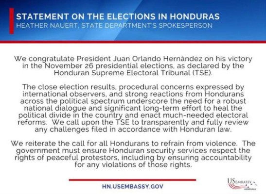 EUA felicita a JOH por su triunfo en las elecciones de Honduras