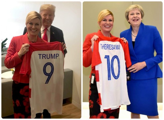 Trump y Theresa May reciben la camiseta de Croacia en cumbre de la OTAN
