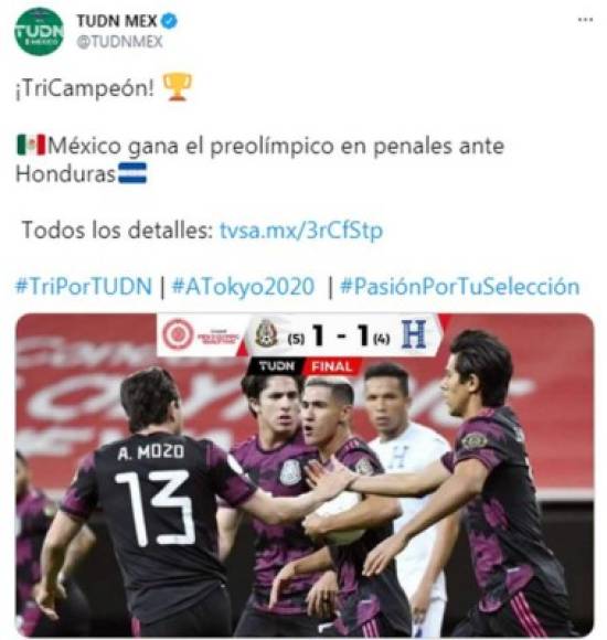 TUDN: “¡TriCampeón! México gana el Preolímpico en penales ante Honduras“.