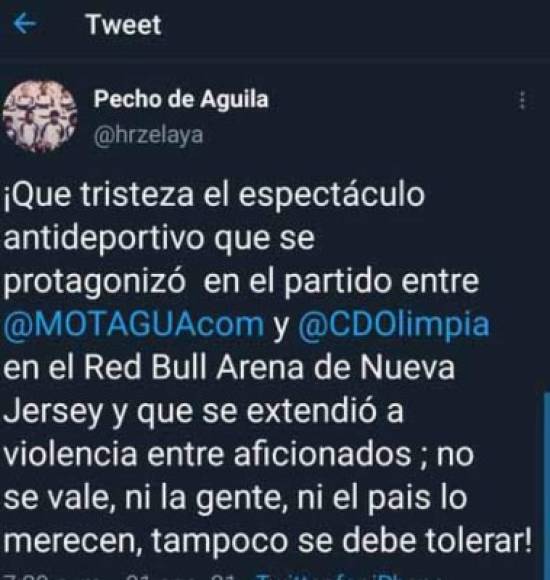 El exmundialista hondureño Héctor Zelaya se pronunció en su cuenta de Twitter sobre lo ocurrido: 'Que tristeza el espectáculo antideportivo', indicó.