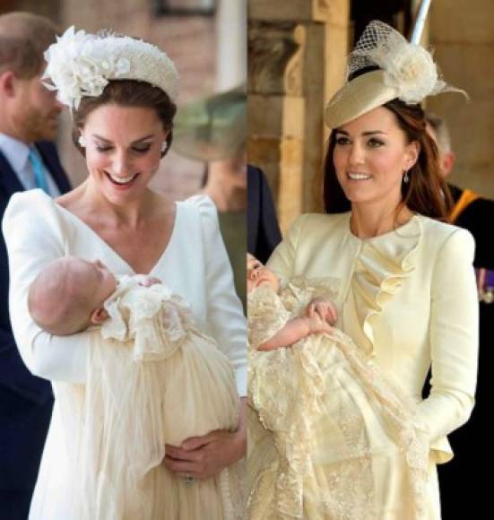 La duquesa de Cambridge decantó por un vestido en color blanco, muy parecido al que usó el bautismo de su hija Charlotte. <br/><br/>Kate vistió un Alexander McQueen de manga larga, con escote en pico, y un sombrero de Jane Taylor.