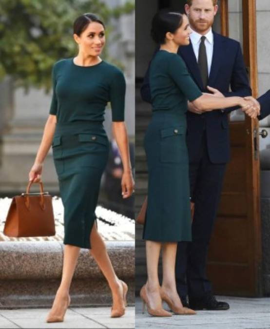 10 de julio 2018<br/><br/>Para una visita oficial a Irlanda, Meghan lució un sofisticado atuendo de Givenchy que enfatizó su figura y destacó su cálido tono de piel.<br/><br/>