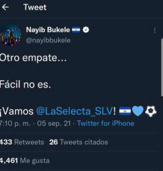 Nayib Bukele: El presidente de El Salvador se pronunció sobre el empate de su selección ante Honduras: 'Otro empate. Fácil no es ', escribió en sus redes sociales.