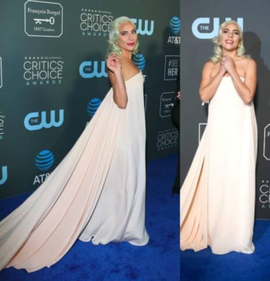 Lady Gaga menos vaporosa que en los Golden Globe, donde usó un vestido azul de cuento de hadas.