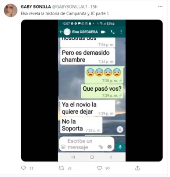 Los mensajes y audios fueron publicados en la cuenta de Twitter de la presentadora y bloguera hondureña Gaby Bonilla, mejor conocida como “La tamalera”. En uno de los audios, que data del mes de marzo de 2020, se escucha a Oseguera decir que Campanita es una “mujer tóxica” y que agrede físicamente a su novio, MR JC. Elsa explica que esto se lo confesó su pareja, el cantante Davis Flow.