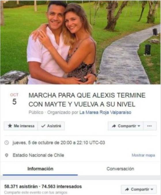 La página de Facebook ‘La Marea Roja Valparaíso’ convocó a una marcha el próximo jueves 5 de octubre en el Estadio Nacional de Chile para que el delantero del Arsenal, uno de loslíderes del equipo andino, ponga fin a su relación con la actriz Mayte Rodríguez