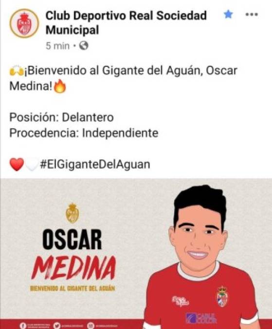 Óscar Medina: El delantero hondureño fue anunciado como refuerzo de la Real Sociedad de Tocoa. En su momento perteneció al Platense.