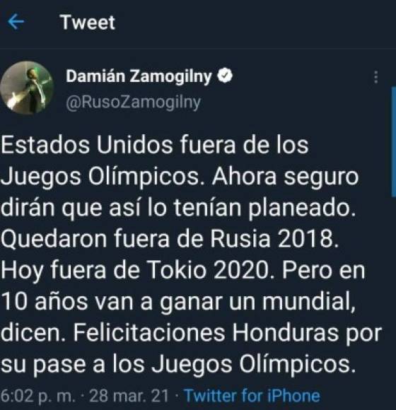 Jorge Damián 'Ruso' Zamogilny: Argentino que labora en TUDN que se unió a las felicitaciones para la selección de Honduras.