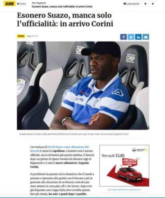 Giornale di Brescia - 'Massimo Cellino apuesta a un amigo, que ya hoy dirigirá el entrenamiento en Rigamonti:Eugenio Corini'.