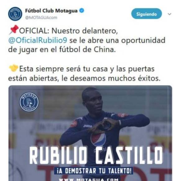 Mediante sus redes sociales, el Motagua anunció el adiós de Rubilio para la Liga de China. 'Se le abre una oportunidad de jugar en el fútbol de China. 'Esta siempre será tu casa y las puertas están abiertas, le deseamos muchos éxitos', escribió el cuadro azul.