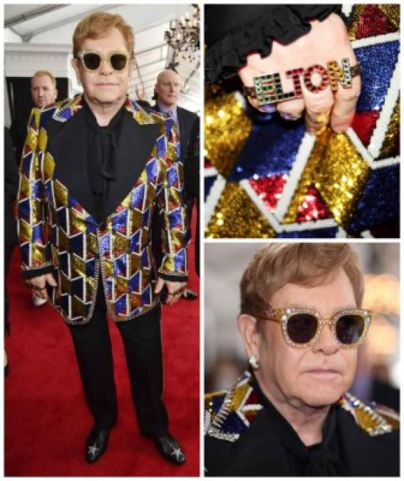 Sir Elton John asistió a los Premios Grammy en un traje colorido que completó con aretes de diamante, sus típicos lentes y otros accesorios muy a su estilo.