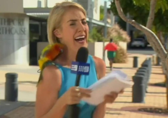Reportera hace un alboroto por un periquito en su hombro