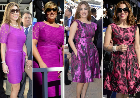 Karla Kafie y Vivian Flores lucieron el mismo diseño tono orquídea radiante, el color del 2014. En la otra imagen Claudette Maloff y Marisol Flores vistieron una versión similar del diseño de CarolinaHerrera.