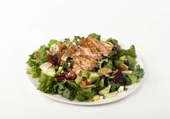 Salmon salad with romain lettuce, isolated on white with clipping path.