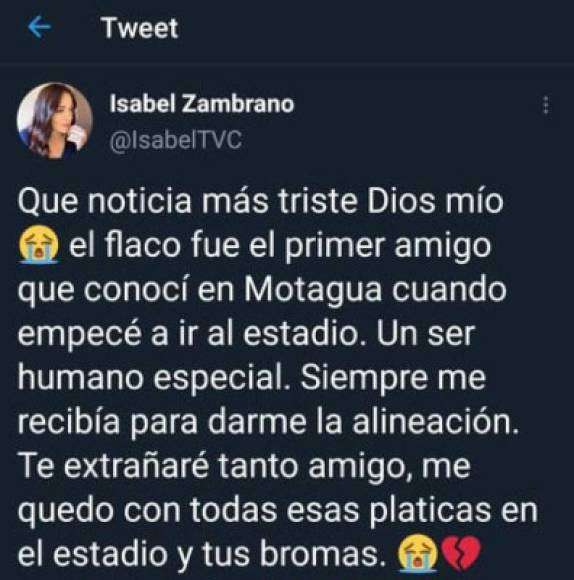 Isabel Zambrano: La periodista hondureña dejó emotivas palabras tras la muerte del utilero del Motagua. La joven anunció en sus redes sociales que había dado positivo al covid-19 hace unos días atrás; hoy se encuentra recuperada.