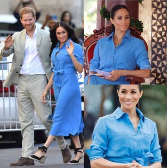 La duquesa reutilizó el mismo vestido azul de Veronica Beard que usó en su visita a Tonga al poco tiempo de anunciar que estaba embarazada el año pasado.