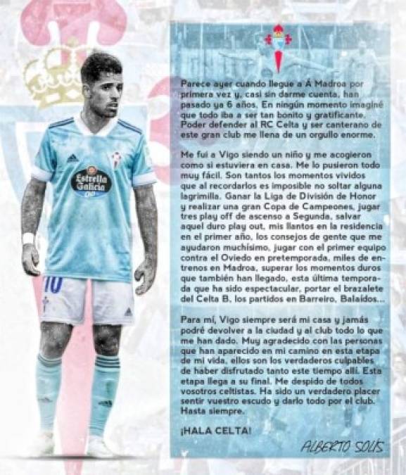 El centrocampista Alberto Solis se despidió este lunes del Celta de Vigo, después de que el club decidiese no ejercer la cláusula para ampliar su contrato, que expira el próximo 30 de junio. Foto Twitter Alberto Solís.