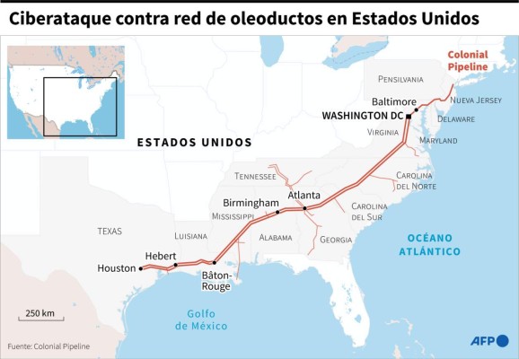Mapa de Estados Unidos localizando la red de Colonial Pipeline, uno de los mayores operadores de ductos estadounidenses - AFP / AFP