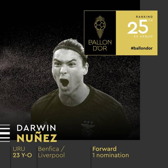 30) - 25. Darwin Núñez - El delantero uruguayo del Liverpool recibió su primera nominación al Balón de Oro.