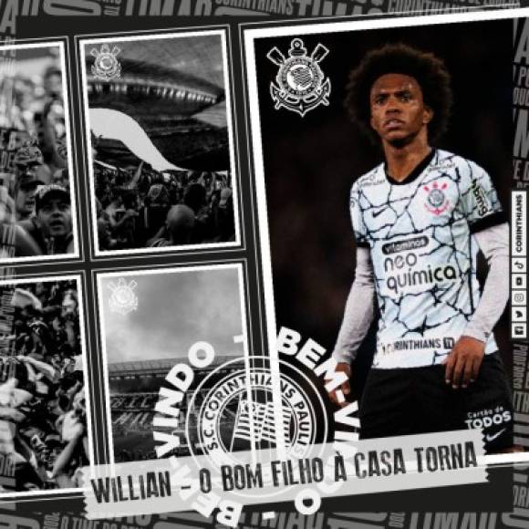 El volante brasileño Willian Borges rescindió contrato con el Arsenal y ha sido anunciado como nuevo jugador del Corinthians de Brasil, club en el que inició su carrera. Foto Twitter Corinthians.
